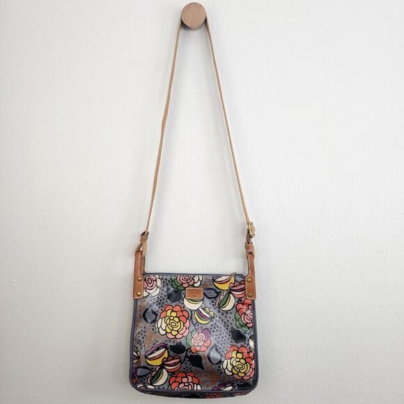 Fossil Key Per Coated Canvas Messenger Crossbody Bag Gray Pink Floral New - Picture 1 of 14